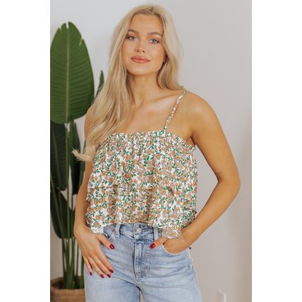 White Boho Floral Spaghetti Strap Ruffle Summer Tank Top