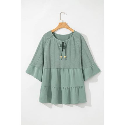 Laurel Green Tie Split Neck Textured Ruffle Patchwork Blouse