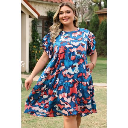 Blue Abstract Print Shirred Ruffled Short Sleeve Tiered Plus Size Mini Dress
