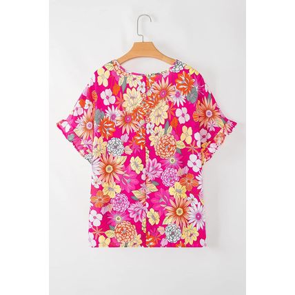 Rose Plus Size Floral Print Ruffle Short Sleeve Blouse