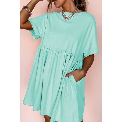 Moonlight Jade Solid Color Pocketed Raw Edge Babydoll Dress