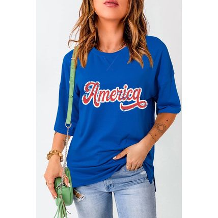 Dark Blue Contrast America Graphic Drop Shoulder Tee