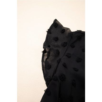 Black Dotty Textured Notched Neck Plus Ruffled Dress