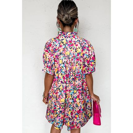 Pink Floral Puff Short Sleeve V Neck Mini Dress