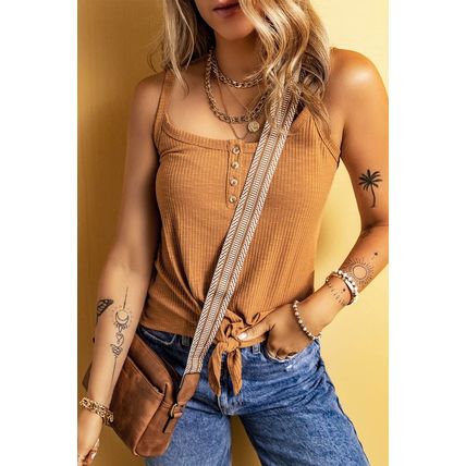 Straw Yellow Ribbed Front Knot Buttoned Thin Strap Tank Top