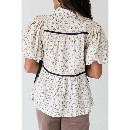White Contrast Trim Floral Puff Short Sleeve Shirt