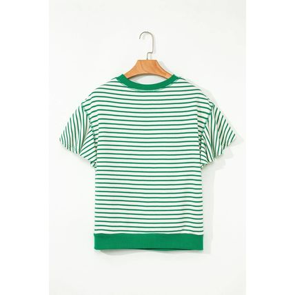 Bright Green Contrast Detail Striped Ruffle Short Sleeve Top