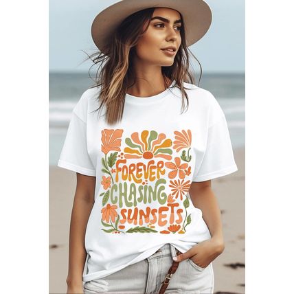 White FOREVER CHASING SUNSETS Floral Print T Shirt