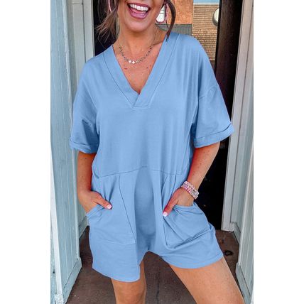 Myosotis Loose Half Sleeve V Neck Knit Romper