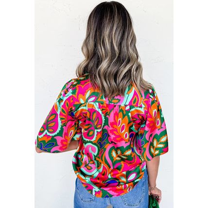 Rose Summer Plant Print Lace up V Neck Short Sleeve Blouse
