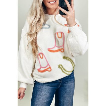 White Tinsel Western Boots Horseshoe Star Knit Crew Neck Sweater