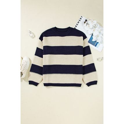 Blue Stripe Color Block PLus Size Drop Shoulder Sweater