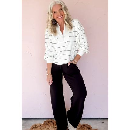 White Zip V Neck Casual Stripe Print Drop Shoulder Long Sleeve Top