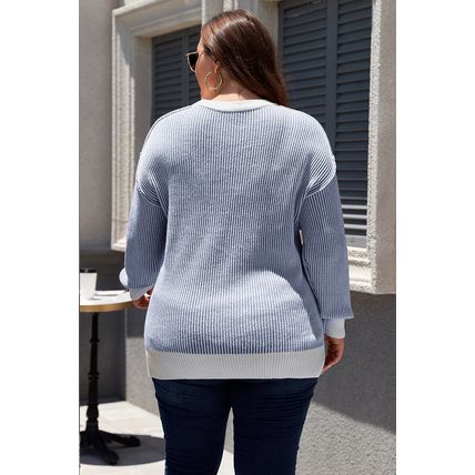 Blue Stripe Plus Size Contrast Trim Crew Neck Rib Knit Drop Shoulder Sweater