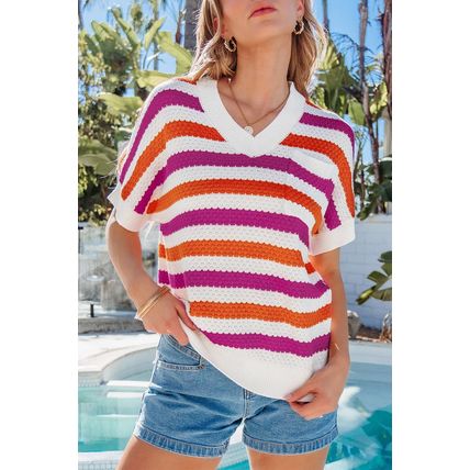 Rose Stripe V Neck Short Sleeve Sweater with Side Slits