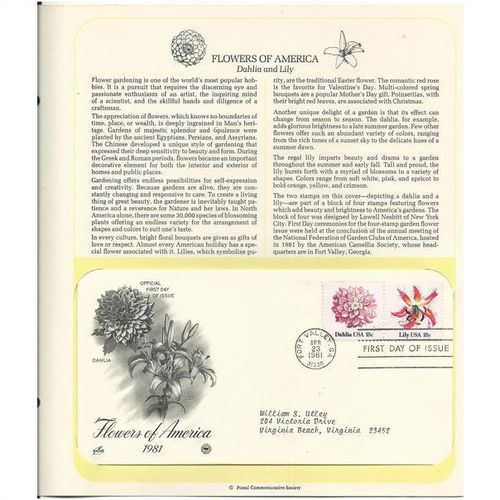 FLOWERS of AMERICA : DAHLIA & LILY ' OFFICIAL FIRST DAY of ISSUE ' (1981)