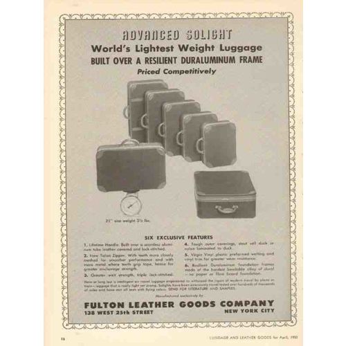 fulton leather goods company 1950 lightest weight luggage vintage ad