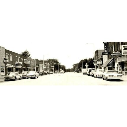 1960 RPPC Real Photo Main Street Isle Minnesota Maytag Johnson GE Cars (A8)