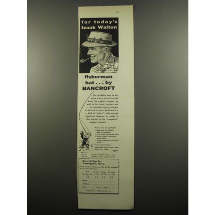 1955 Bancroft Fisherman Hat Ad - For today's Izaak Walton