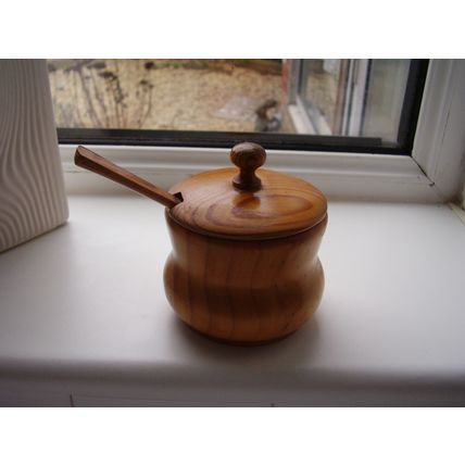 Treen Preserve Pot Turned Wood Jam Honey Storage Jar Plastic Liner with Spoon Vi