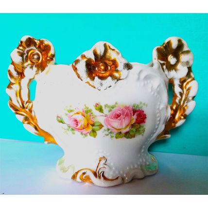 GLAZED CERAMIC FLOWER HOLDER - WHITE / GOLD / PINK - 11 x 15 x 6 cm - GOOD