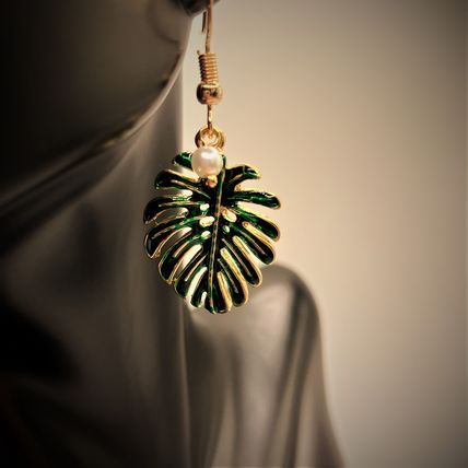 Earrings Green Coconut Leaf Earrings with Pearl Drops #690