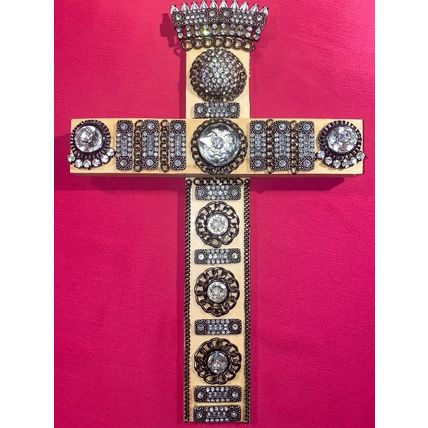 Wood Wall Artisanal Cross w/ Repurposed Jewelry