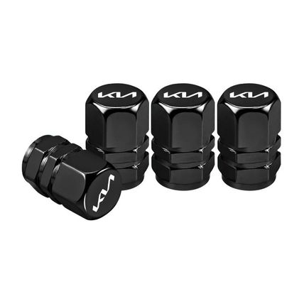 4 X BLACK METAL KIA STYLE TYRE VALVE DUST CAPS - BRAND NEW - UK STOCK