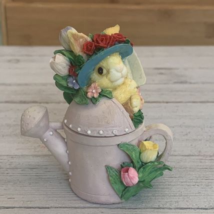 Vintage Bunny Rabbit Watering Can Lidded Trinket Box Tulips Roses Sun Bonnet Hat