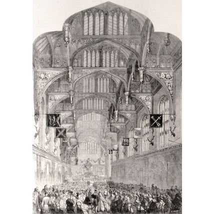CONCERT IN THE GREAT HALL, HAMPTON COURT PALACE 1863 VICTORIAN ENGRAVING