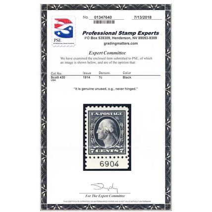 430, Mint VF/XF NH 7¢ With PL# With PSE Certificate - Stuart Katz