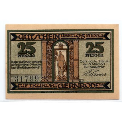 1921 Germany Gernrode Notgeld 25 Pfennig Note (1351)