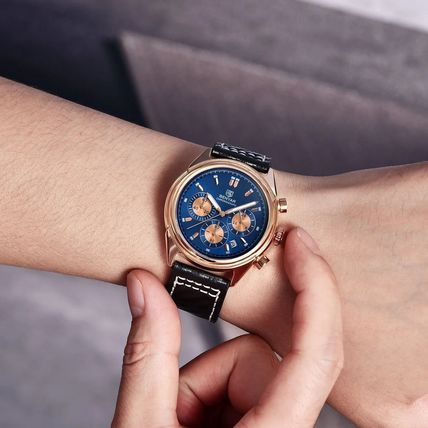 NEW BENYAR (PAGANI) Blue Chronograph Face Date Black Genuine Leather Strap Watch
