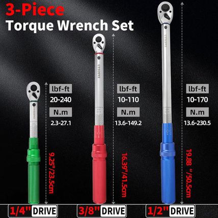 1/4 3/8 1/2-Inch Drive Click Torque Wrench, 3Pcs Torque Wrench Set 20-200Ft .Lb,