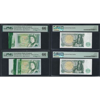 England 1 Pound 2 consecutive banknotes ink smear error P-377b PMG 66 EPQ UNC