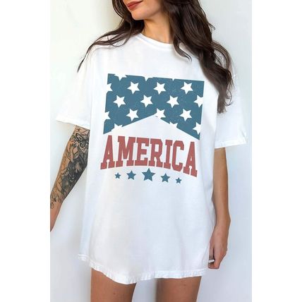 White AMERICA Stars Print Round Neck Oversized T Shirt
