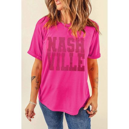Rose Red NASHVILLE Rhinestone Crew Neck Graphic Tee