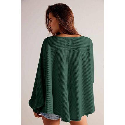 Blackish Green Waffle V Neck Long Sleeve Drop Shoulder Loose Blouse