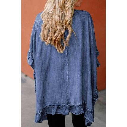 Dusk Blue Chambray Ruffle Hem Half Sleeve Open Loose Kimono