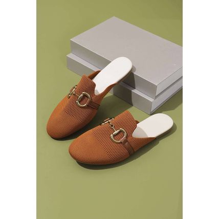 Chestnut Leather Strap Buckle Decor Slip On Flats