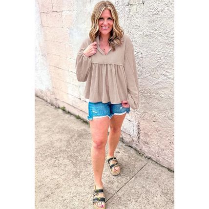 Parchment Corded Turn-down V Neck Bubble Sleeve Babydoll Blouse