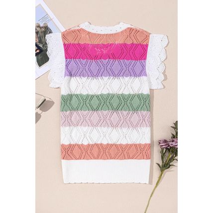 Rose Stripe Colorblock Hollowed Knit Scallop Edge Sweater Vest