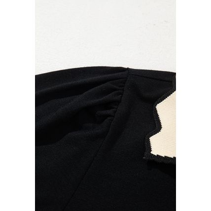 Black Color Contrast Collared V Neck Puff Sleeve Blouse
