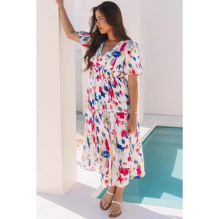 Rose Abstract Print Short Puff Sleeve Tiered Maxi Dress
