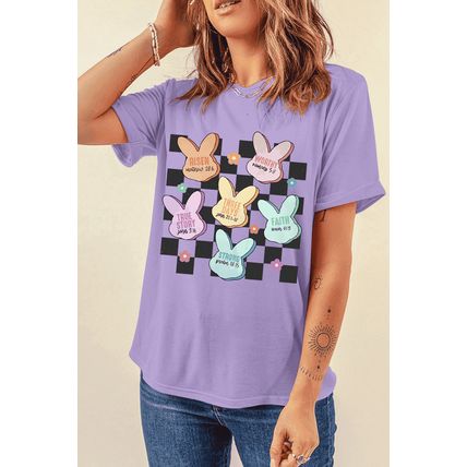 Wisteria Bunny Bible Verses Checkered Print Easter T Shirt