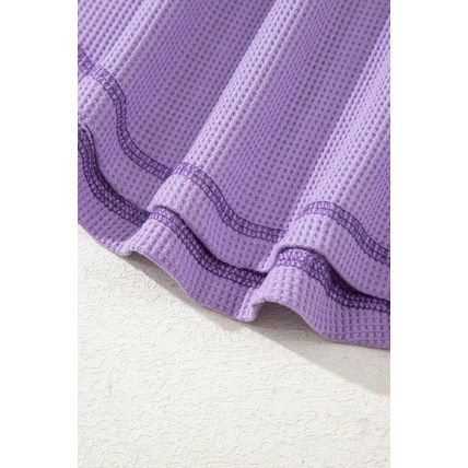 Purple Exposed Seam Half Sleeve Knitted V Neck Textured Top