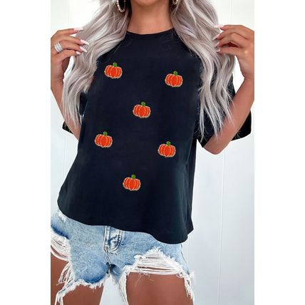 Black Chenille Pumpkin Patched Casual Cotton Blend T Shirt