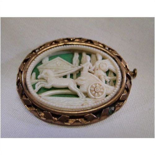 Horse drawn carriage brooch in organic material Fine antique Pin 1890s