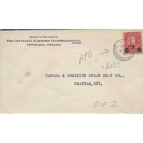 Canada Arch Leaf Issue Die 1 - 1933 Centralia ONT with RPO