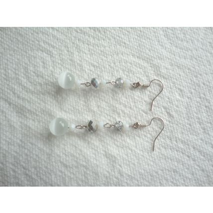 Handmade White Cats-Eye Glass Bead, Dangling Earrings. SP Hook Ear-Wires.